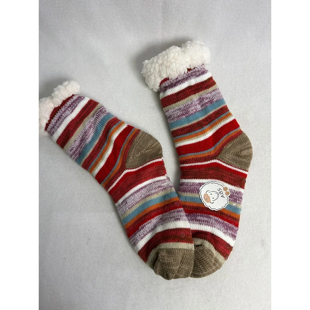 Cozy Cabin ABS Womens NWT Multicolor Striped Sherpa Lined Non Slip Slipper Socks